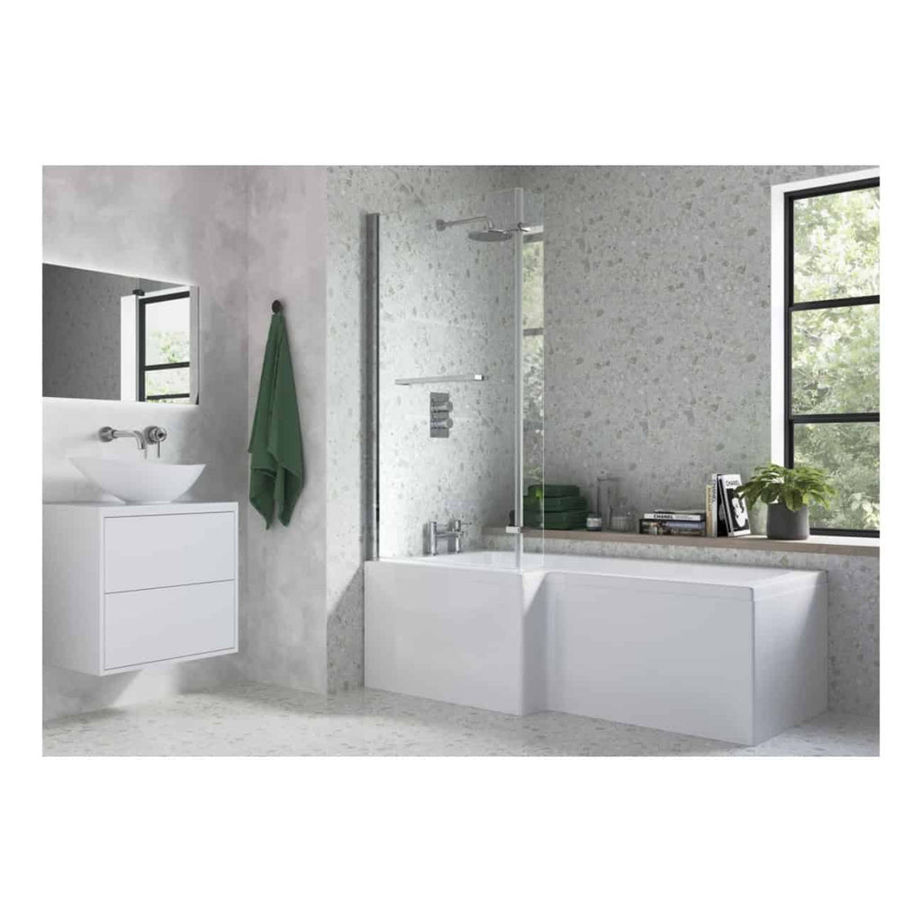 Sleek modern bathroom with a white freestanding bathtub, minimalist vanity unit with vessel sink, large window with a view of greenery, and contemporary decor in a neutral colour palette.