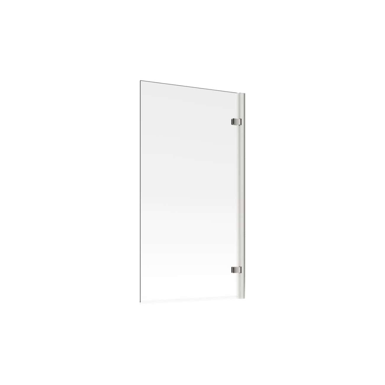Transparent glass shower door with chrome hinges, modern bathroom design, premium quality shower enclosure for stylish bathrooms.