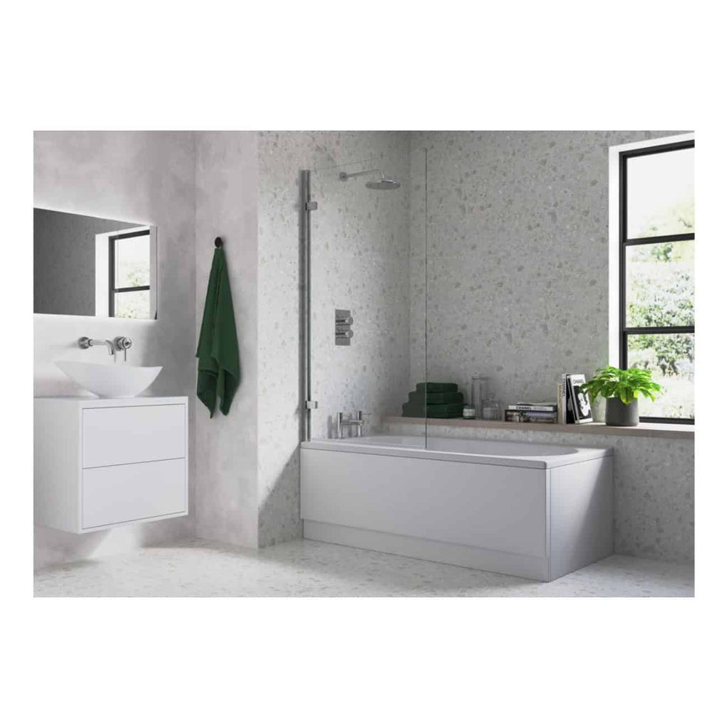 Modern minimalist bathroom featuring a white bathtub, sleek vanity with vessel sink, large window with natural light, and green plants for a fresh, contemporary bathroom design.