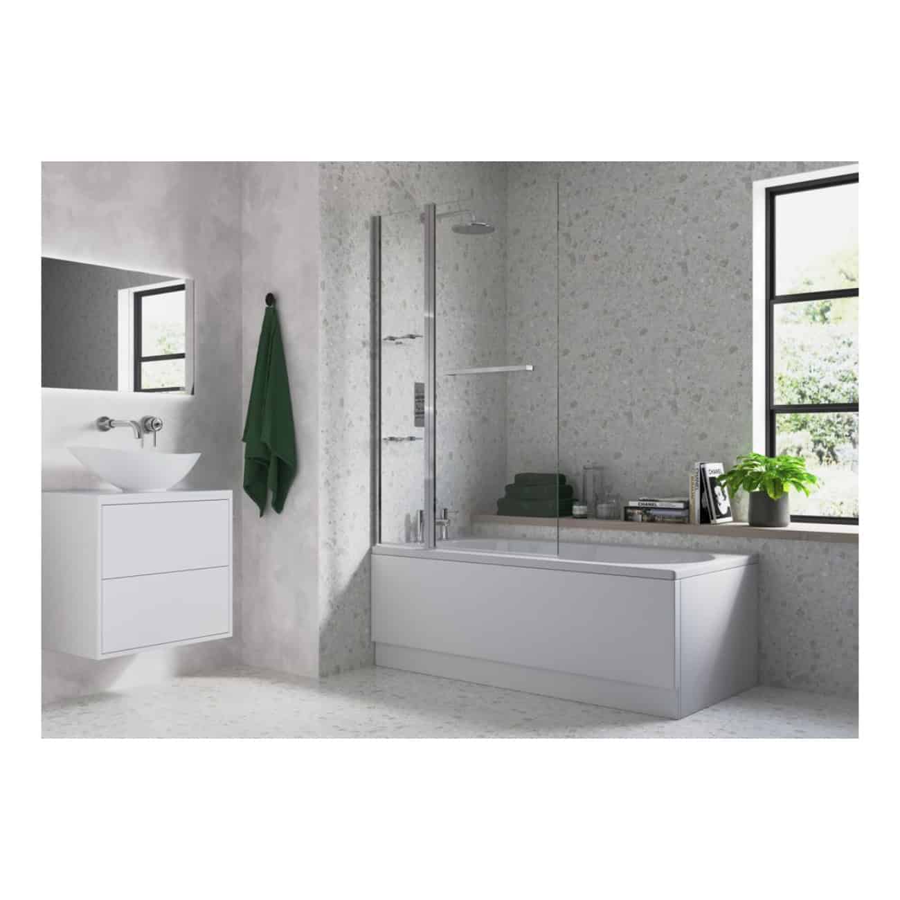 Sleek modern bathroom with freestanding bathtub, glass shower enclosure, minimal white vanity, large black-framed window, and green plant for a fresh, contemporary look.
