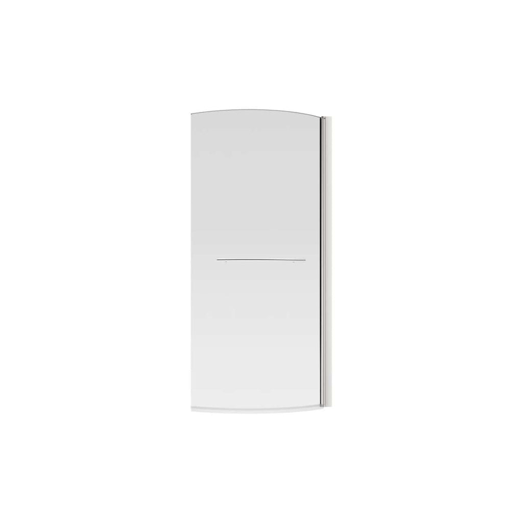 Sleek white bathroom mirror with a curved top and minimalist design, ideal for modern bathrooms. Features a slim profile with a horizontal shelf for added functionality and style. Perfect for contemporary bathroom decor.
