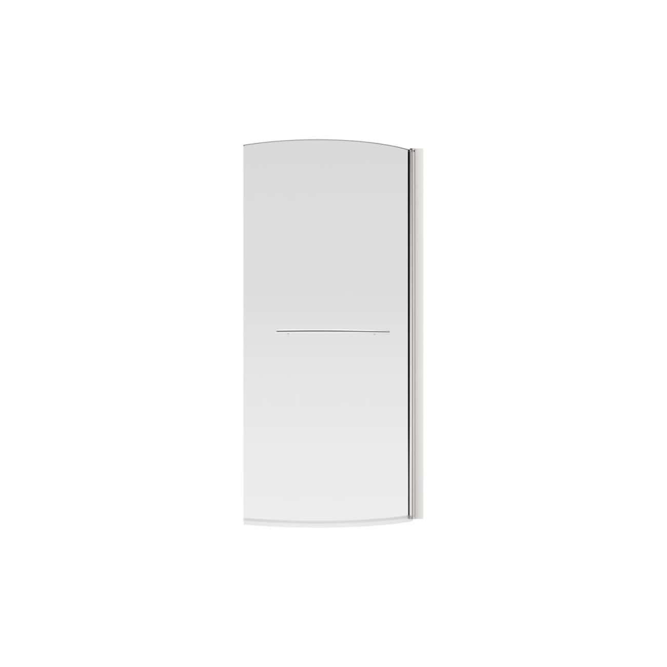 Sleek white bathroom mirror with a curved top and minimalist design, ideal for modern bathrooms. Features a slim profile with a horizontal shelf for added functionality and style. Perfect for contemporary bathroom decor.