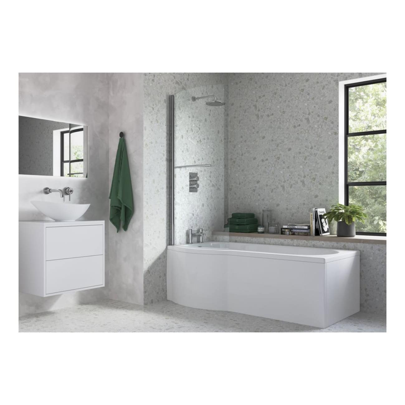 Contemporary bathroom with modern white bathtub, sleek vanity unit with vessel sink, large black-framed window, and minimalist decor ideal for stylish bathroom renovations.