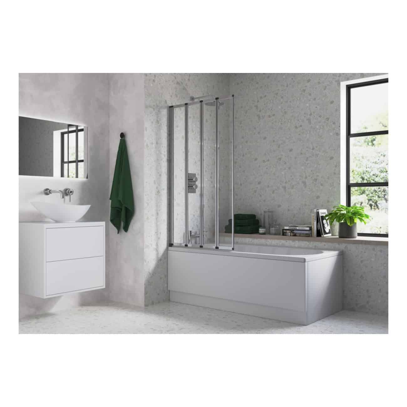 Contemporary modern bathroom featuring a white bathtub, black-framed window, green towels, and sleek vanity with a vessel sink, set against minimalist textured walls for a stylish bathroom upgrade.