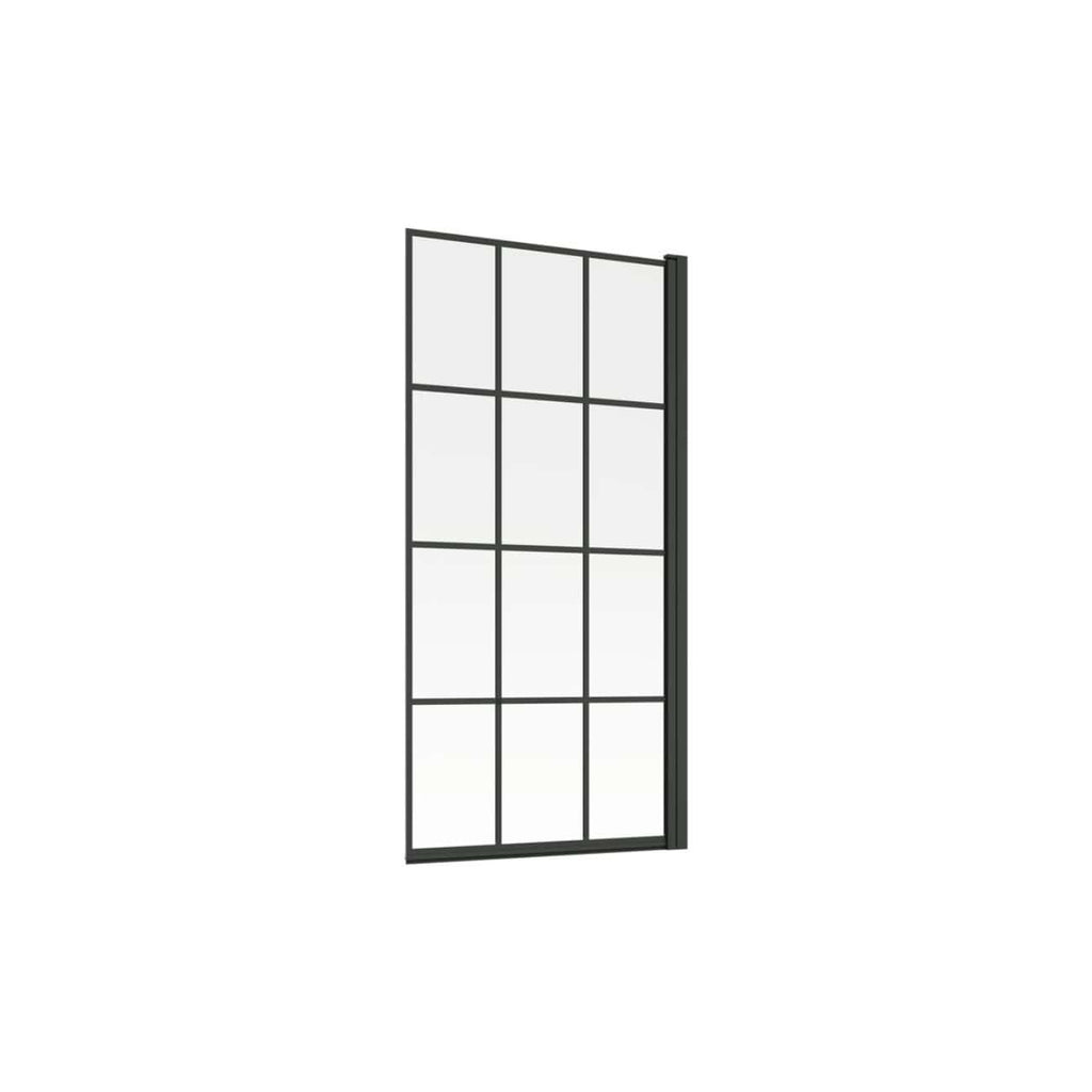 Modern industrial-style metal window frame with grid pattern for bathroom and home decor.