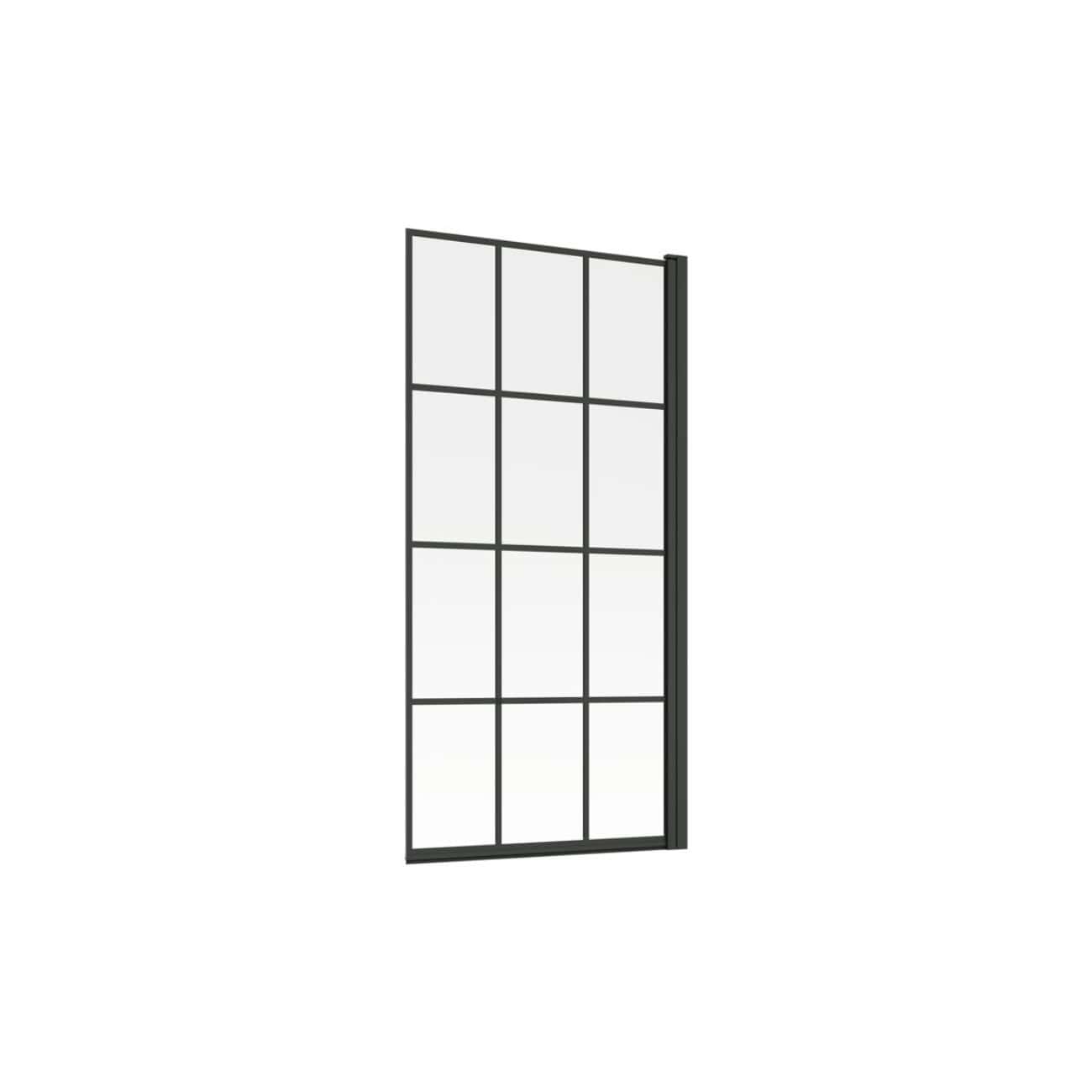 Modern industrial-style metal window frame with grid pattern for bathroom and home decor.
