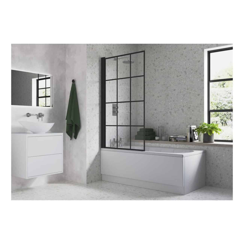 Modern minimalist bathroom featuring a sleek white bathtub with black-framed glass screen, a floating vanity with a vessel sink, and large windows that let in natural light, perfect for contemporary bathroom design.