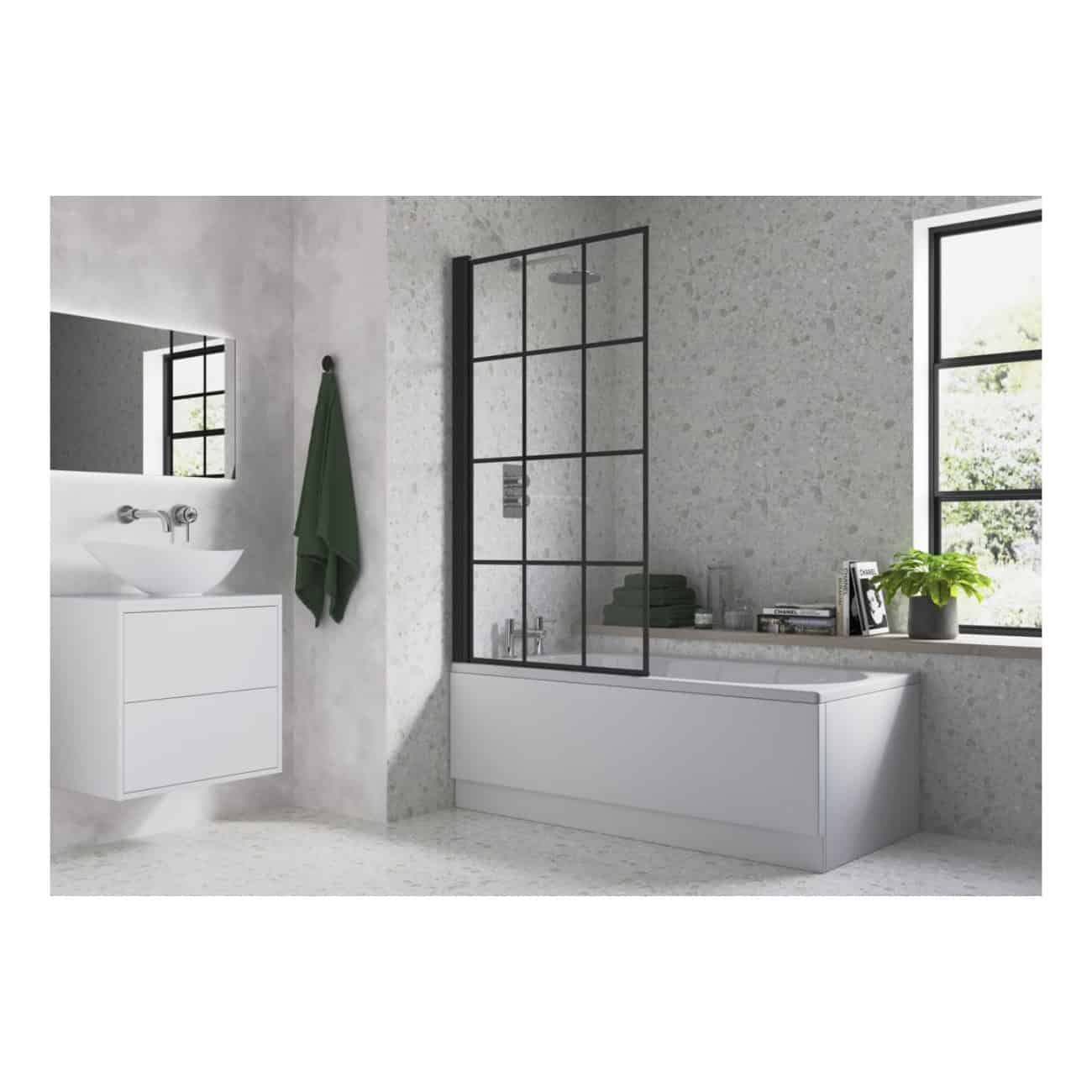 Modern minimalist bathroom featuring a sleek white bathtub with black-framed glass screen, a floating vanity with a vessel sink, and large windows that let in natural light, perfect for contemporary bathroom design.