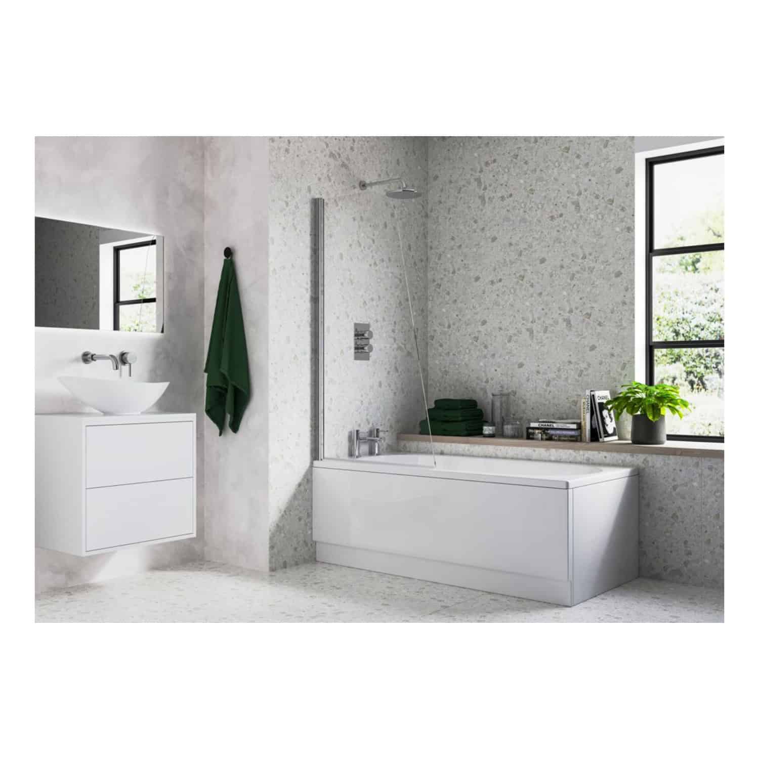 Modern minimalist bathroom with free-standing bathtub, contemporary sink, and stylish decor, featuring natural light from large windows, perfect for a luxurious bathroom setup.