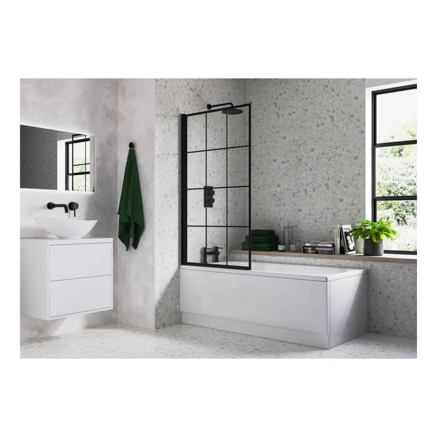 Minimalist modern bathroom with a sleek white vanity, black-framed glass shower enclosure, and large window with greenery, showcasing contemporary bathroom design.