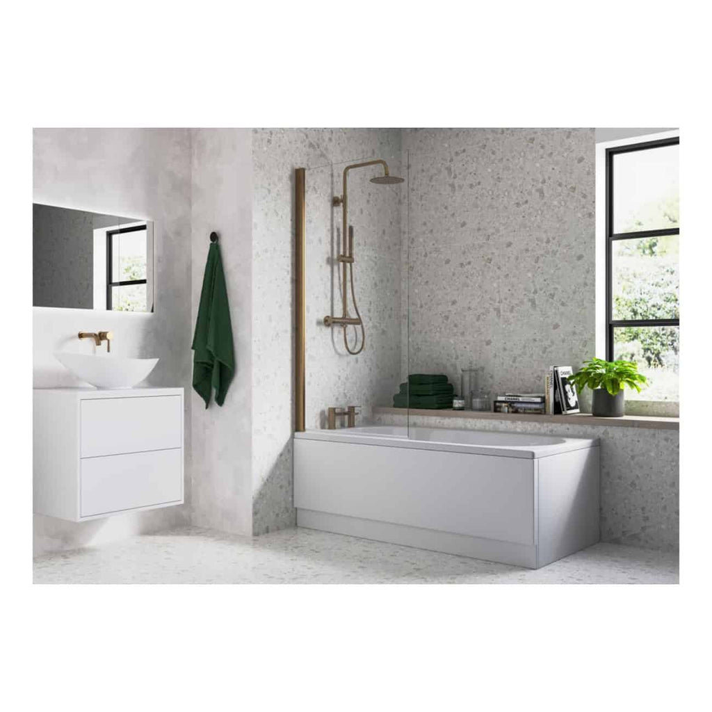 Modern minimalist bathroom with a sleek bathtub, green towels, natural light from large windows, and stylish fixtures; perfect for contemporary bathroom design.