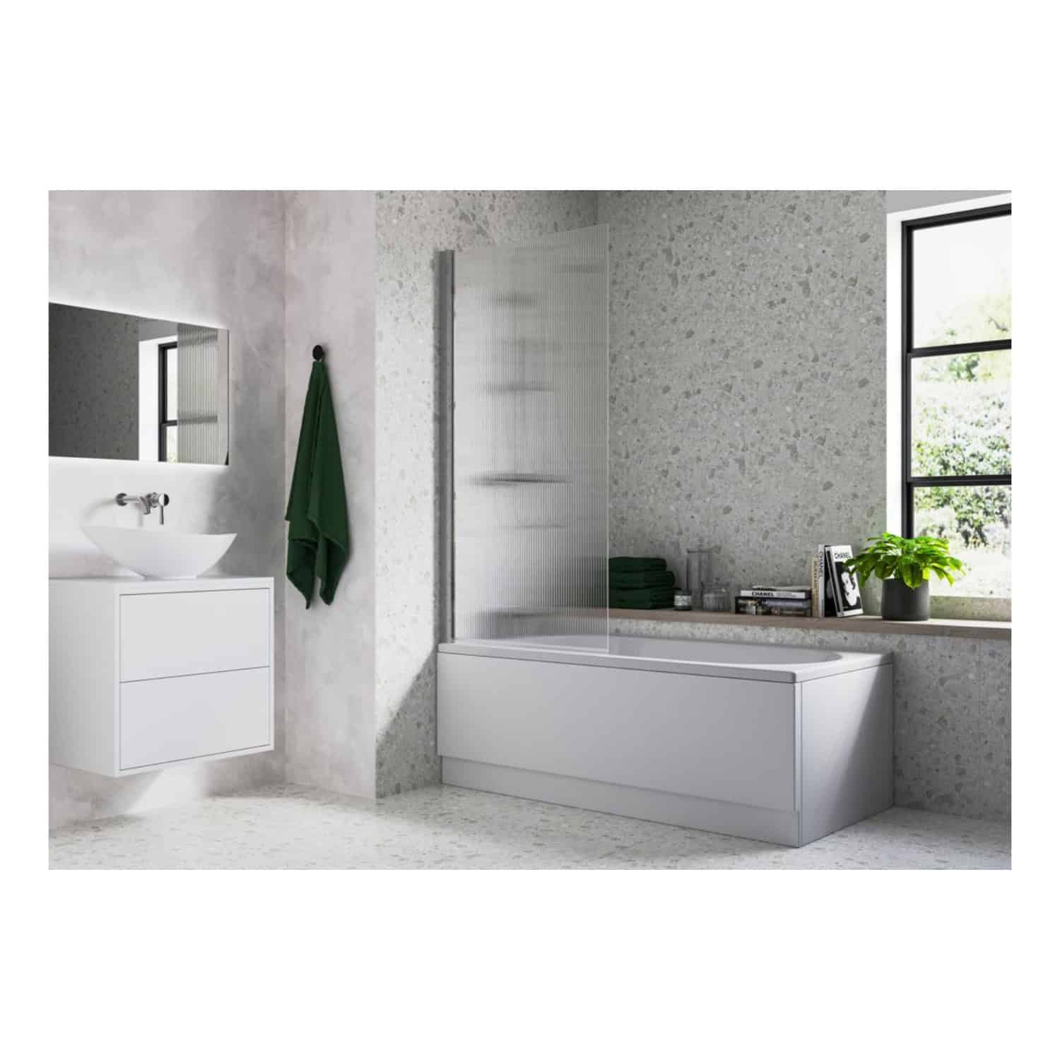 Sleek modern bathroom with a minimalist bathtub and clean white fixtures, illuminated by natural light from large windows, featuring contemporary design and elegant finishes.
