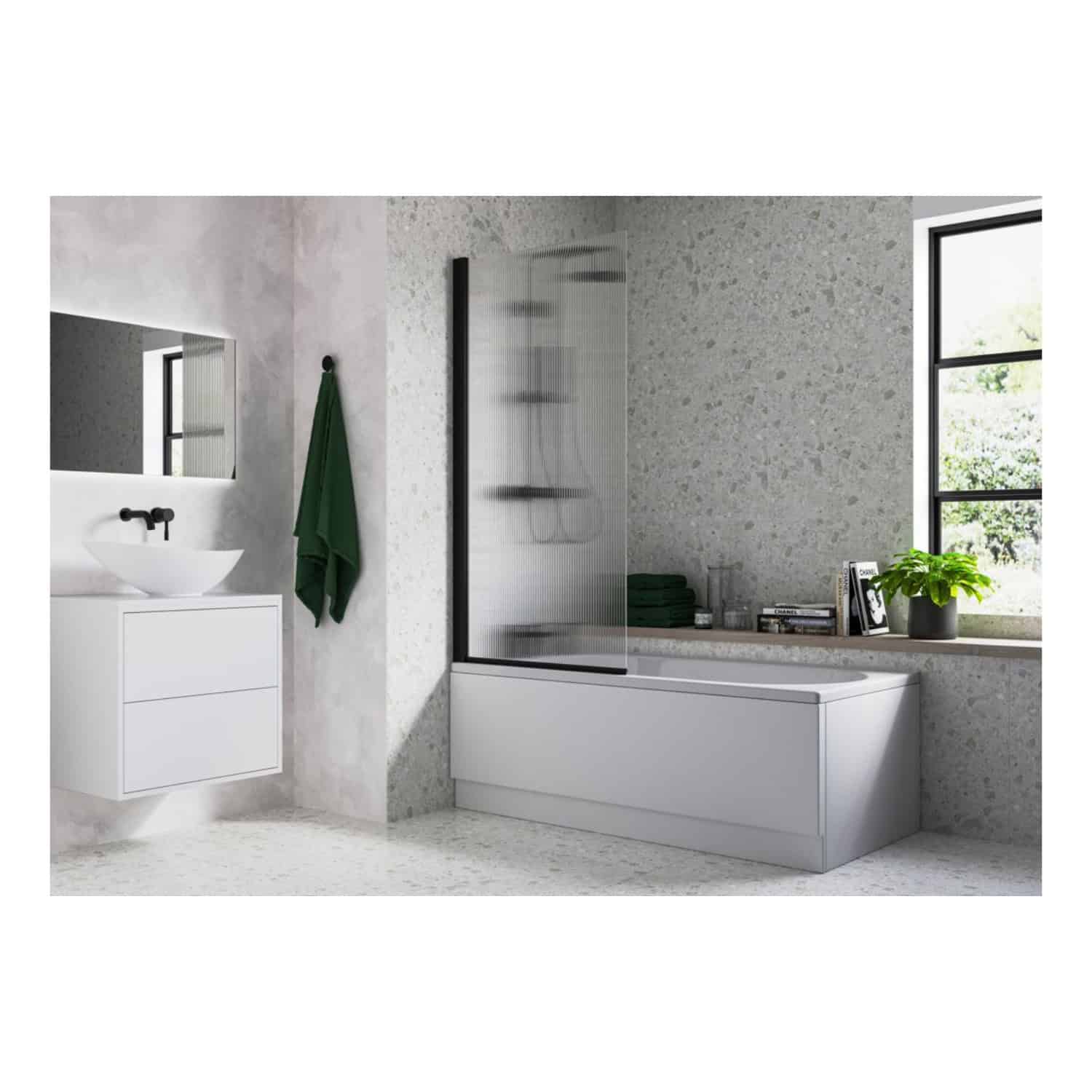 Modern bathroom with a sleek bathtub, floating vanity, and contemporary fixtures, featuring natural light and minimalist design elements for a luxurious bathroom renovation.