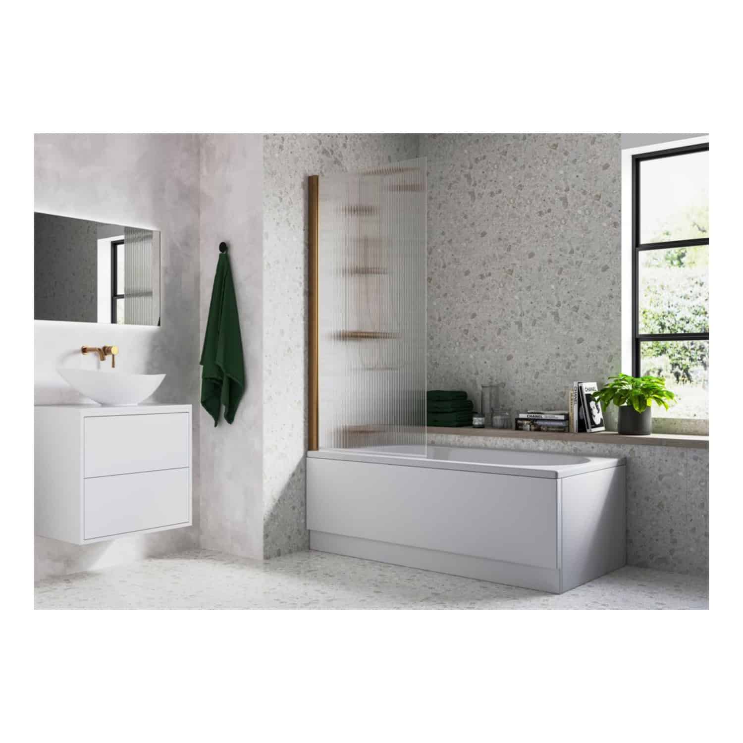 Sleek modern bathroom featuring a white bathtub with a glass shower partition, contemporary vanity with vessel sink, black-framed window, and minimalist design elements with natural light and greenery for a spa-like feel.