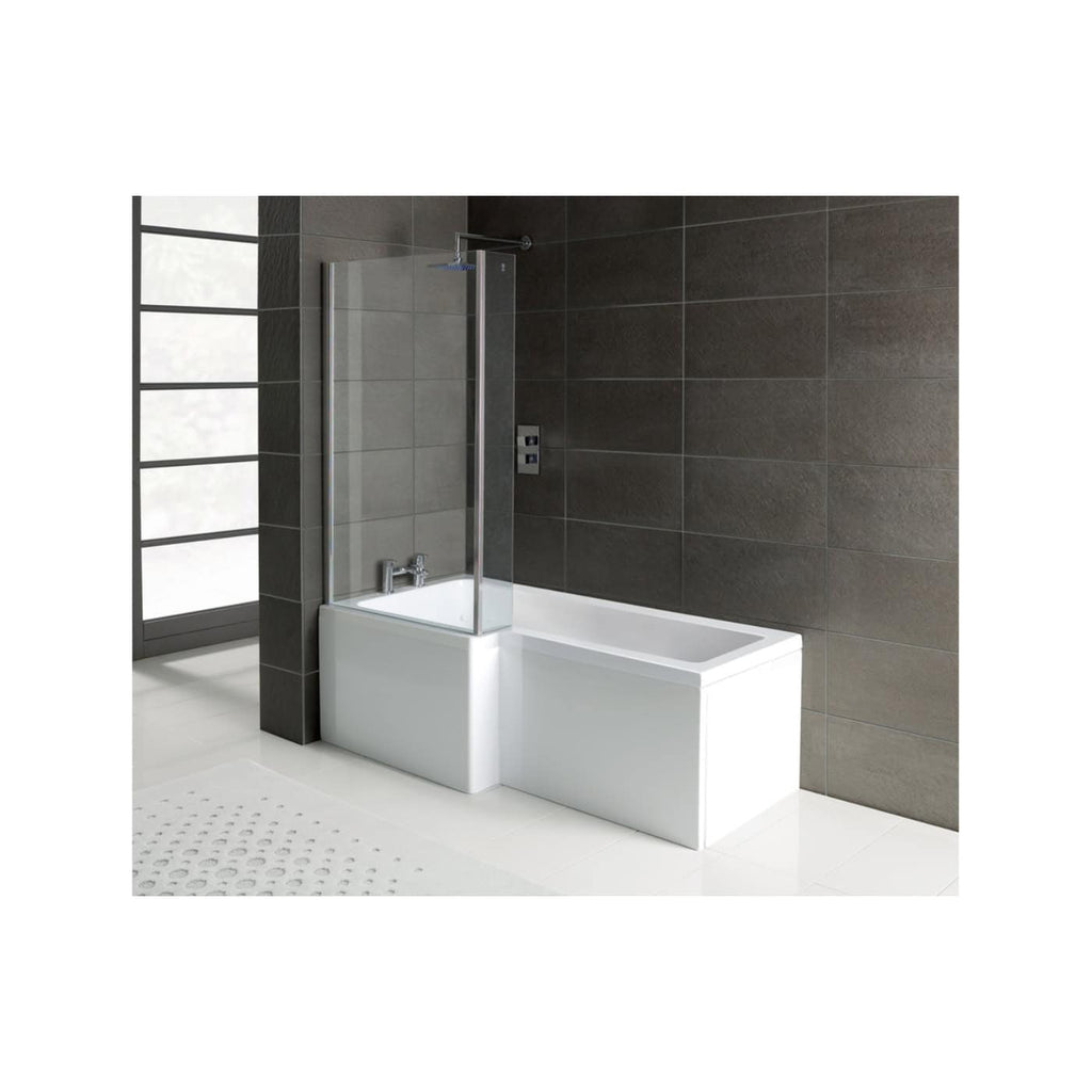 Contemporary white bathtub with a glass panel and chrome fixtures in a modern bathroom with dark wall tiles and a radiator, ideal for stylish bathroom renovations.