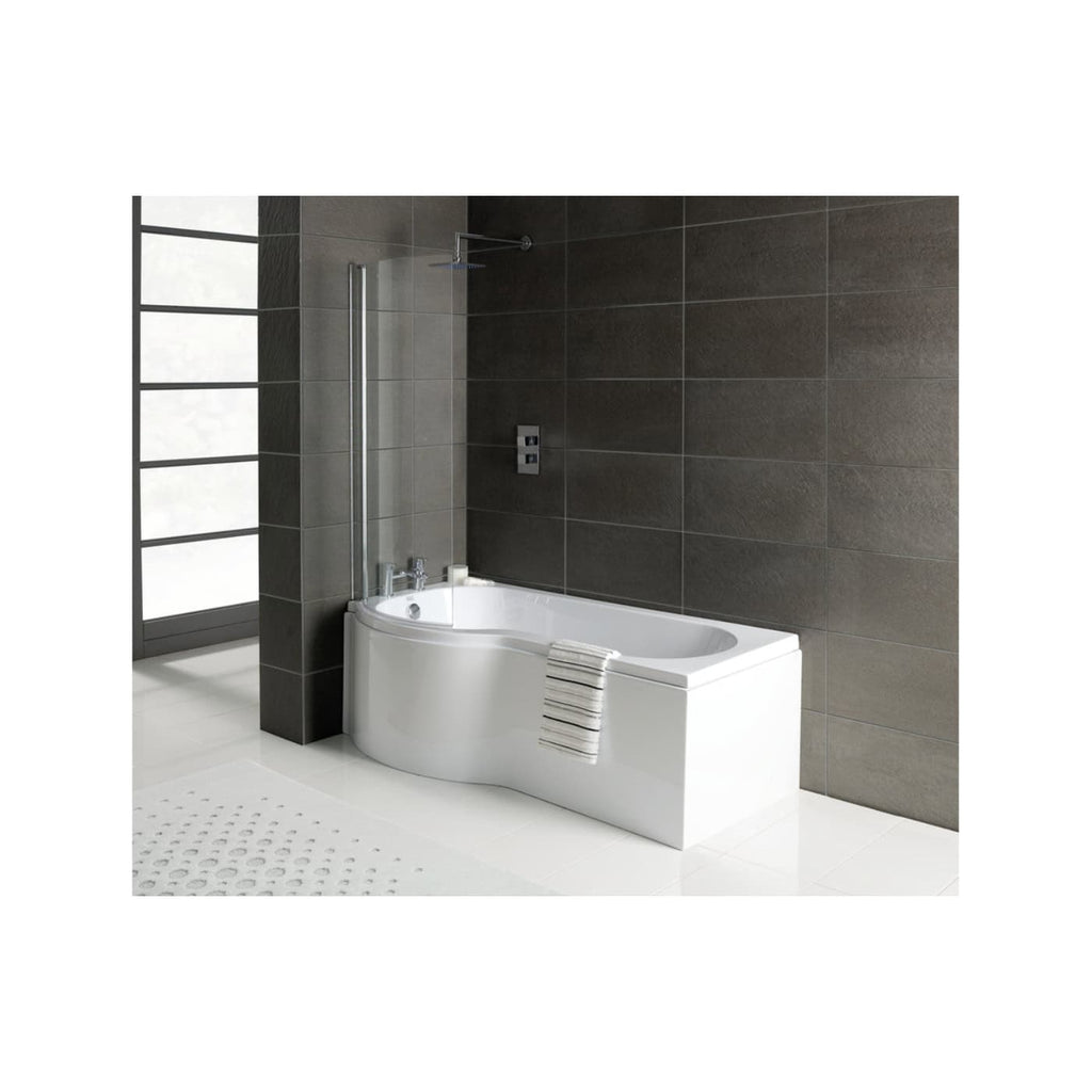 Sleek modern white bathtub with a curved design, fitted in a contemporary bathroom with dark wall tiles, chrome fixtures, and a glass shower screen for a luxurious bathroom remodel.