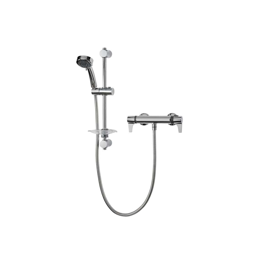 Polished chrome bathroom shower mixer with handheld showerhead and adjustable slide rail, designed for modern Bubly bathrooms for enhanced showering experience.