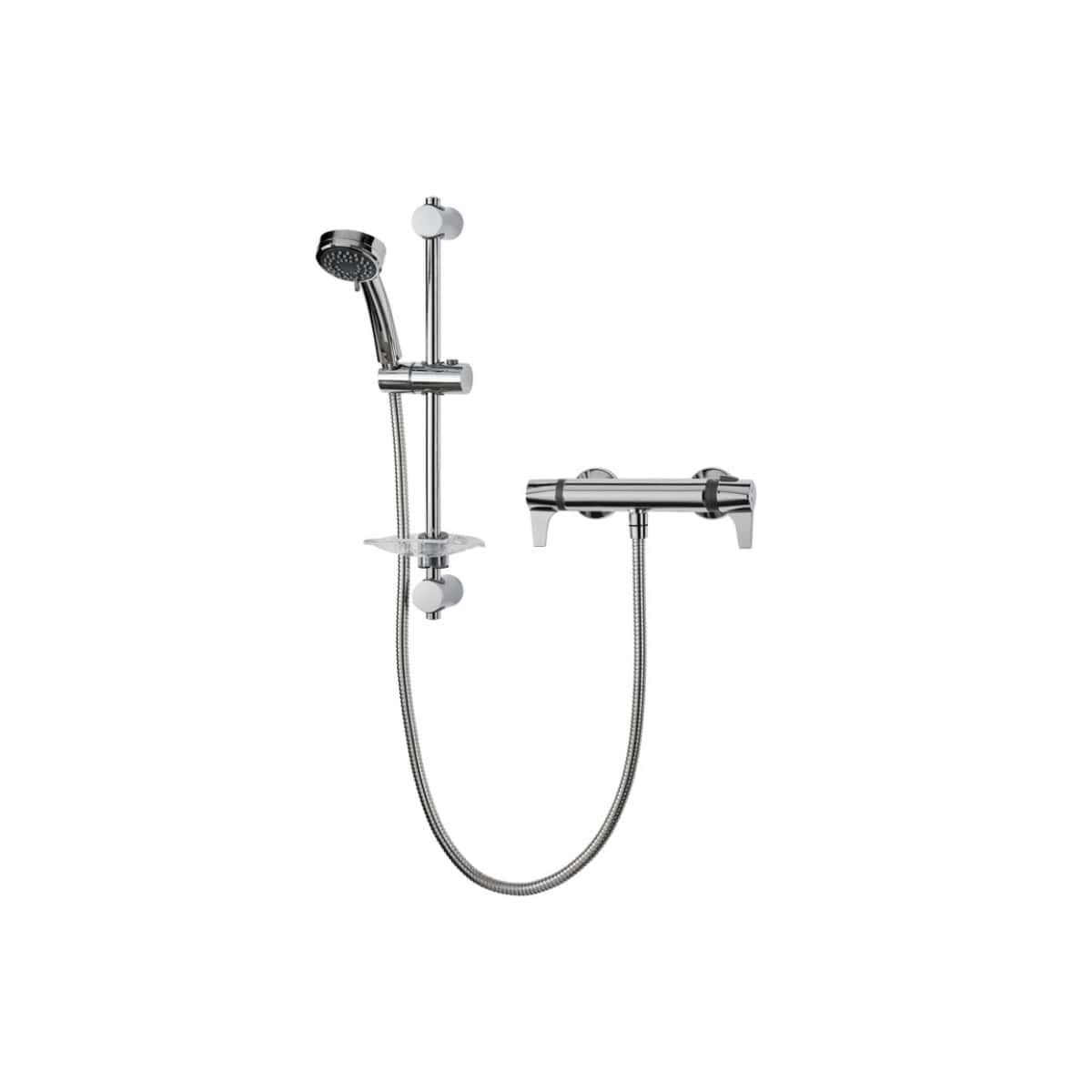 Polished chrome bathroom shower mixer with handheld showerhead and adjustable slide rail, designed for modern Bubly bathrooms for enhanced showering experience.