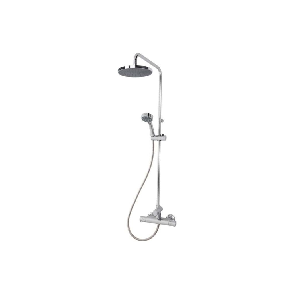 Polished chrome shower head and hand shower set with adjustable height and modern design for bathroom upgrade. Suitable for contemporary bathrooms providing a luxurious shower experience.