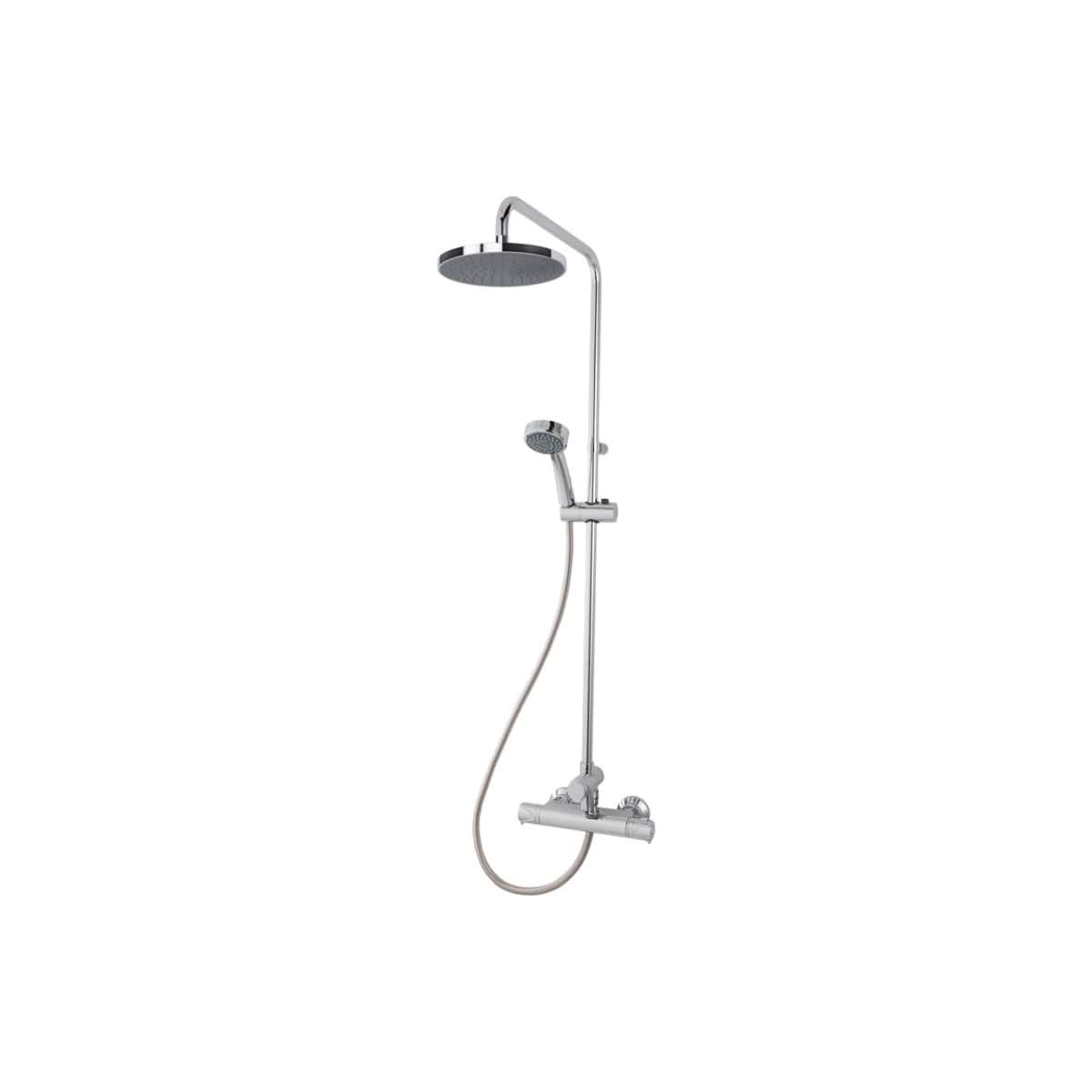 Polished chrome shower head and hand shower set with adjustable height and modern design for bathroom upgrade. Suitable for contemporary bathrooms providing a luxurious shower experience.