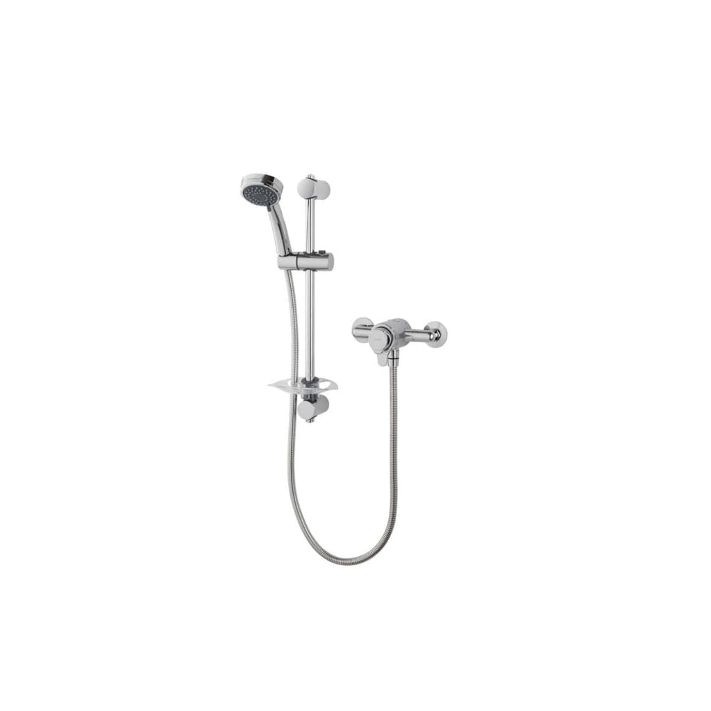Chrome bathroom shower mixer with handheld showerhead and flexible hose, ideal for modern Bubly bathrooms. Perfect for versatile showering experiences and easy to install.