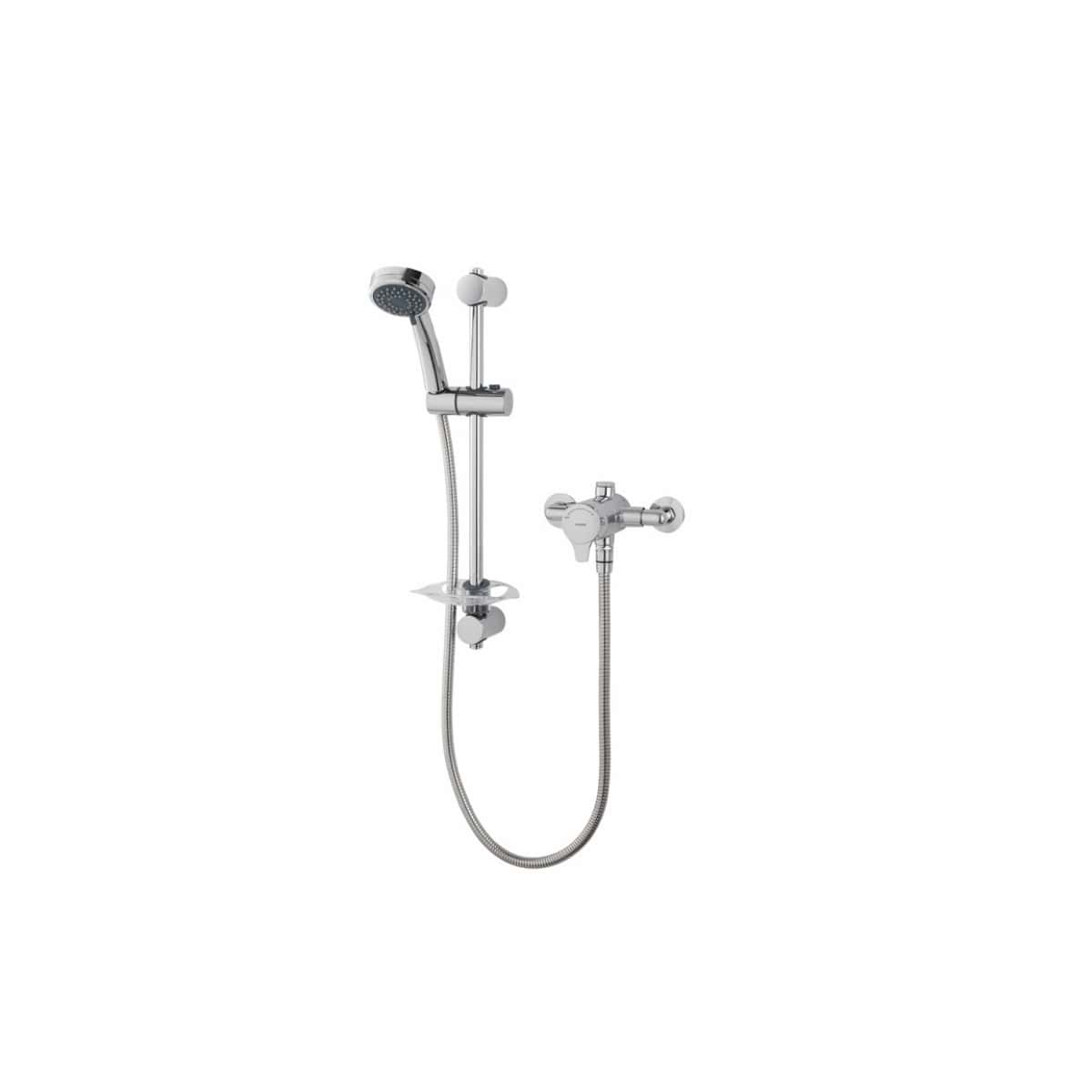 Polished chrome shower kit with adjustable handheld showerhead and wall-mounted controls for modern bathroom design. Perfect for enhancing your Wilda bathroom with quality fixtures.