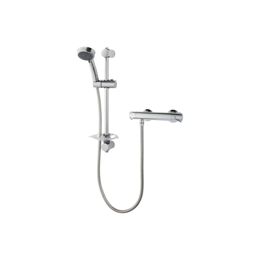 Chrome bathroom shower mixer with handheld shower and sliding rail for modern bathroom installations.