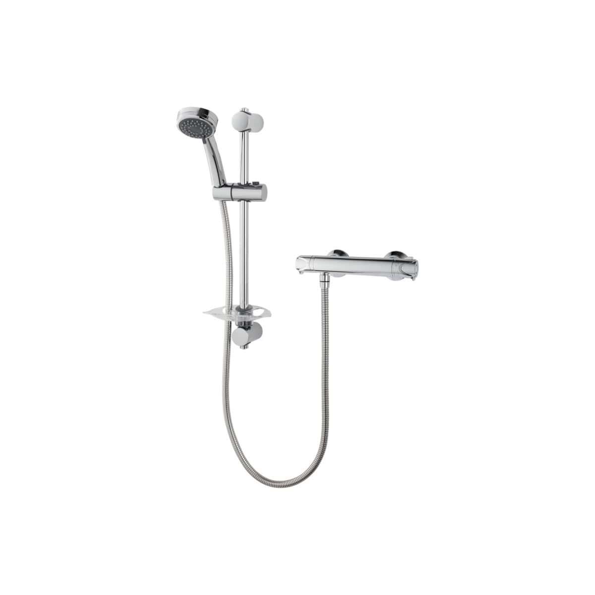 Chrome bathroom shower mixer with handheld shower and sliding rail for modern bathroom installations.