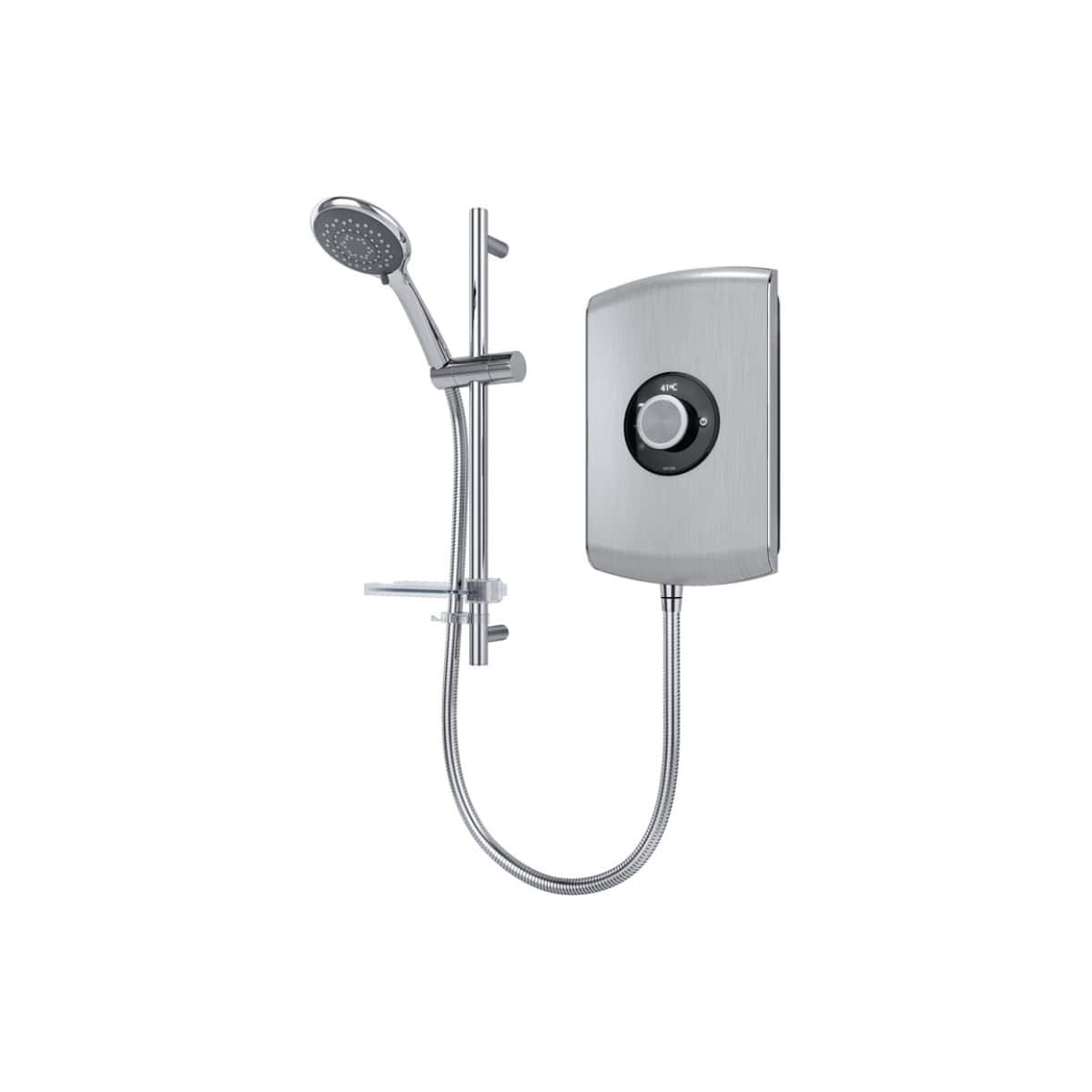 Sleek electric shower unit with chrome shower head and adjustable temperature control, ideal for modern bathrooms. Perfect for efficient and safe showering with premium fixtures.