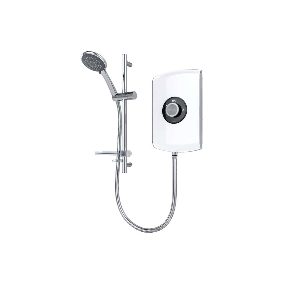 High-efficiency electric shower with adjustable temperature control, chrome hand shower, and modern design for stylish, functional bathroom heating and hot water.
