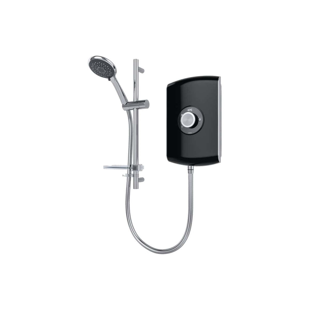 Shower electric unit with handheld showerhead and black digital control panel, modern bathroom shower system for luxury wet rooms and thermostatic water temperature control.