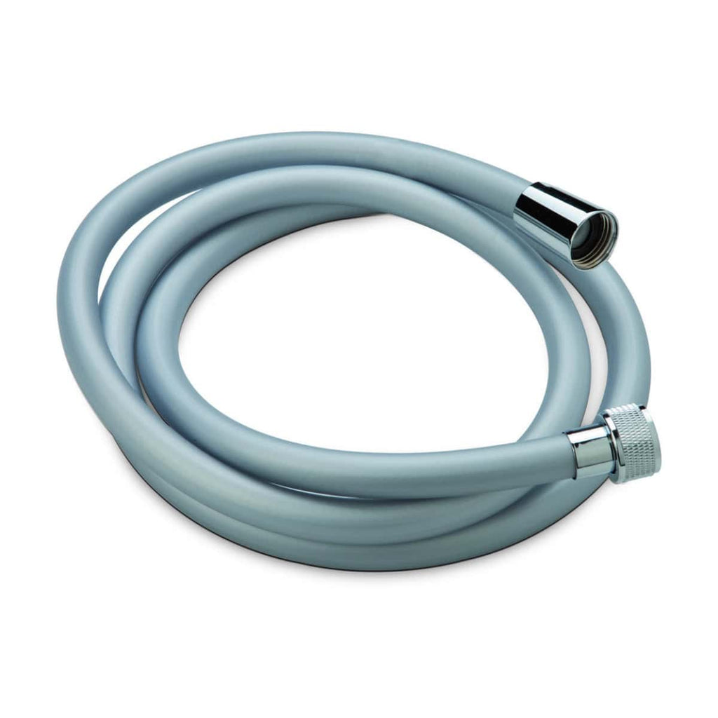 Flexible silver shower hose with chrome fittings, ideal for bathroom installations. Durable, lightweight, and corrosion-resistant for reliable showering experience. Perfect for Bubly Bathrooms.