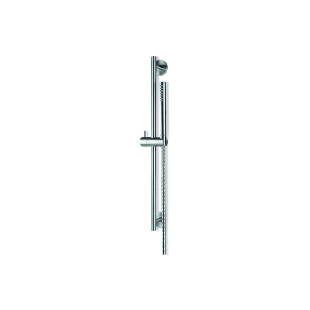 Sleek chrome shower rail with adjustable height and handheld shower head, ideal for modern bathroom upgrades and shower systems. Perfect for enhancing bathroom aesthetics and functionality.