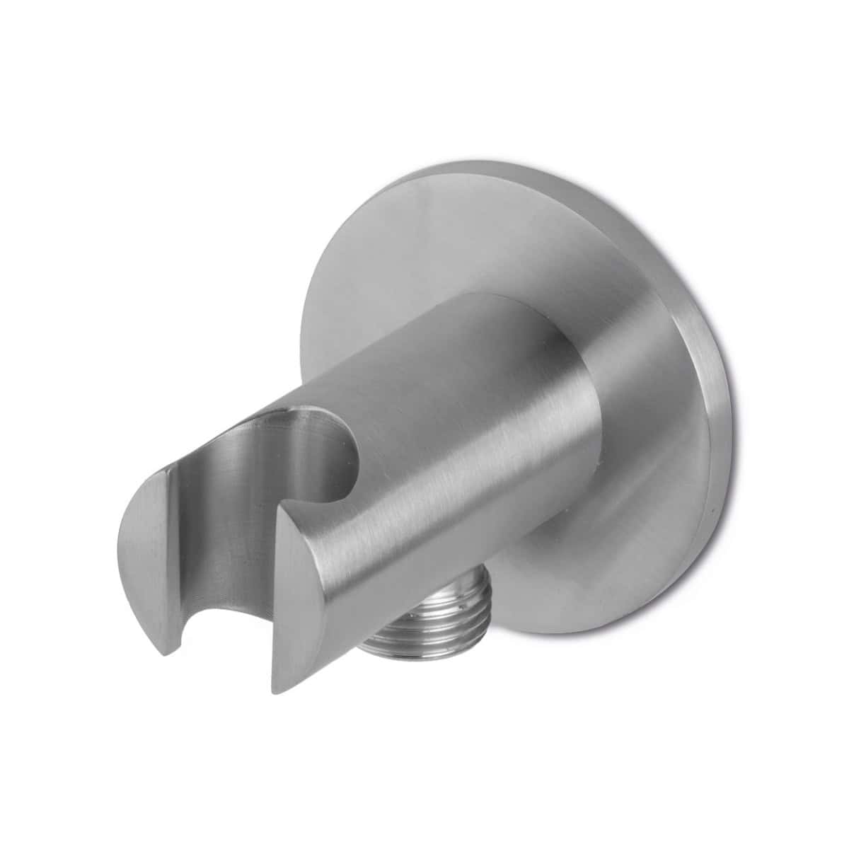 Stainless steel shower arm mount for modern bathroom fixtures, designed for durability and sleek appearance. Perfect for upgrading or installing shower heads in contemporary bathroom renovations.