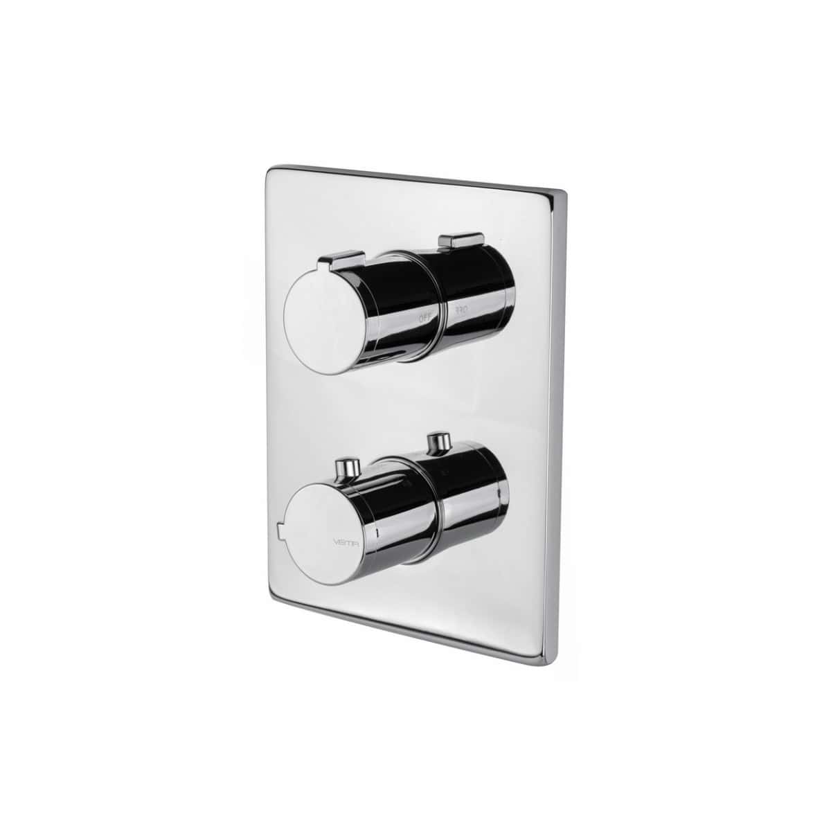Sleek chrome bathroom thermostat control panel with two adjustable dials for temperature and flow regulation, ideal for modern Bubly Bathrooms.