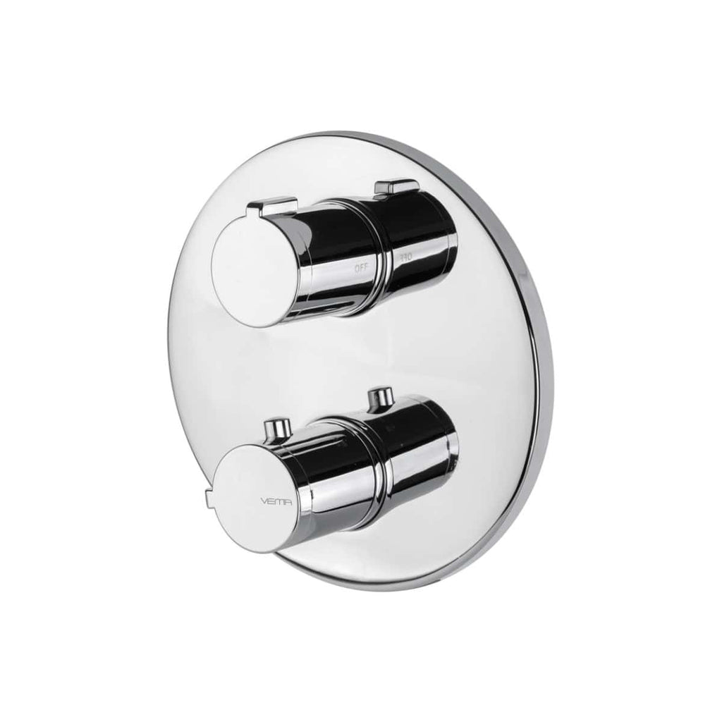 Modern chrome bathroom thermostatic control valve for shower and bath taps, featuring precise temperature regulation and sleek design. Ideal for contemporary bathroom renovations.
