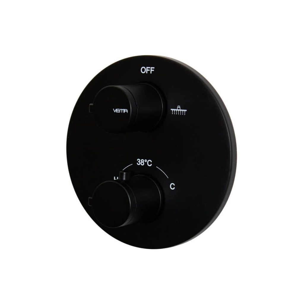 Digital thermostatic shower control with temperature and flow adjustment, black round design for modern bathrooms.