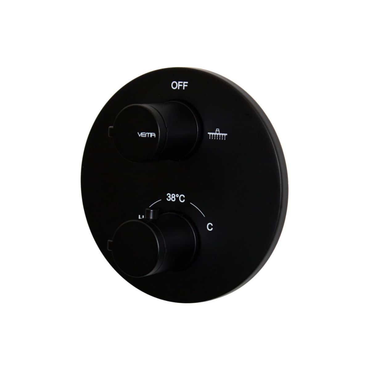 Digital thermostatic shower control with temperature and flow adjustment, black round design for modern bathrooms.