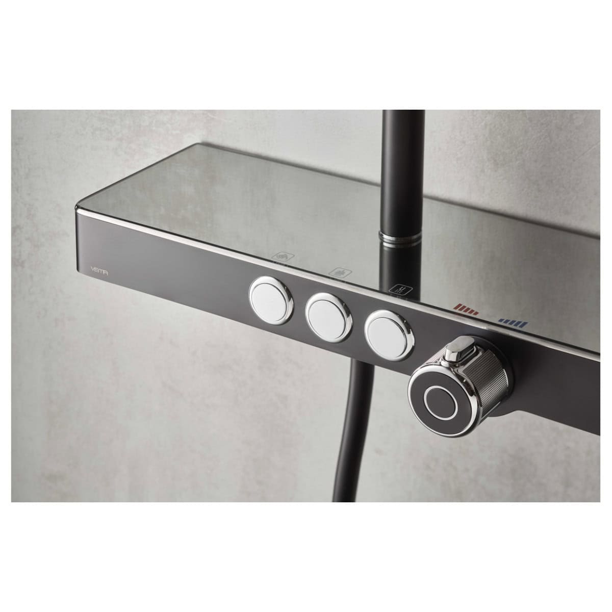 Sleek silver digital shower control panel with adjustable temperature and water flow settings, mounted on a modern bathroom wall. Features intuitive dials and a minimalist design for modern bathroom aesthetics.