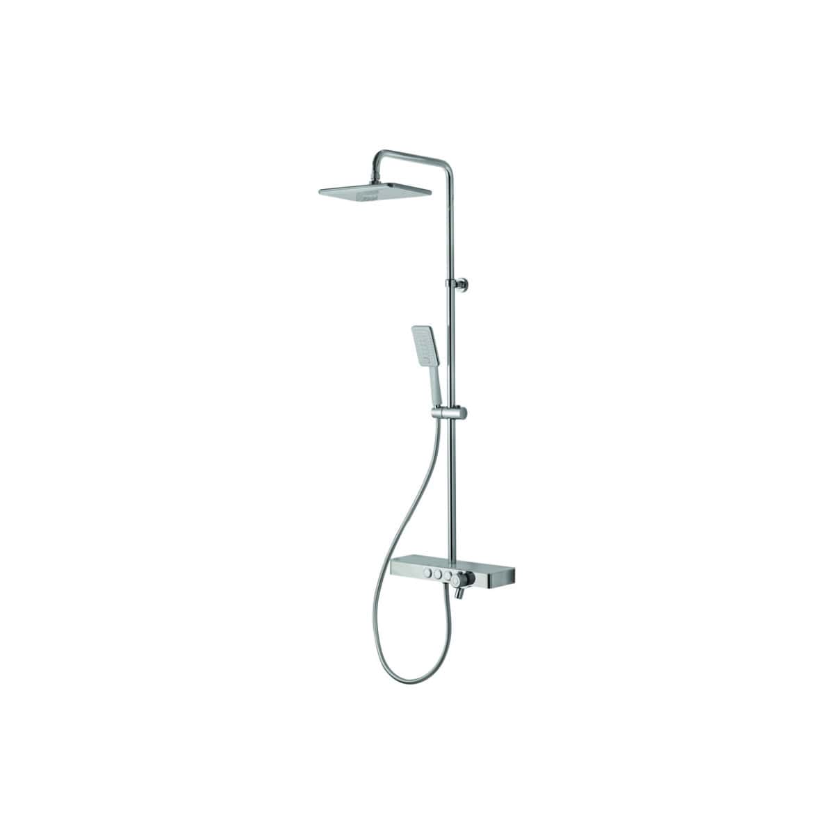 Sleek modern shower system with rainfall shower head, handheld remote, and adjustable controls, perfect for contemporary bathroom renovations and luxury shower experiences.