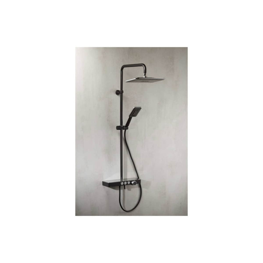 Modern black shower system with rain shower head, handheld shower, and integrated controls, ideal for contemporary bathroom remodels and luxury shower experiences.