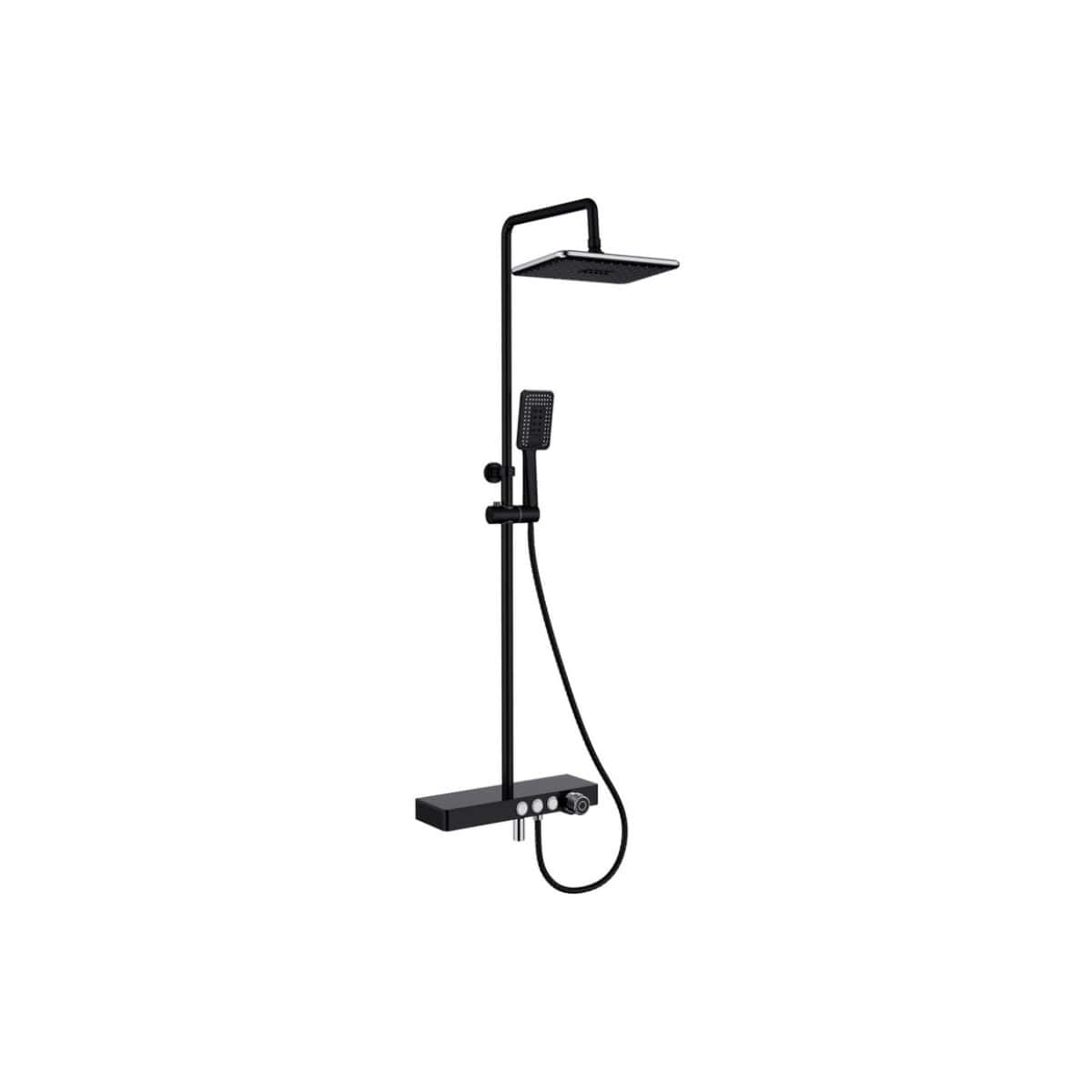 Wet room shower system with overhead rainfall showerhead and handheld shower attachment, designed for modern bathroom renovation, offering a sleek black finish and luxury water flow experience.