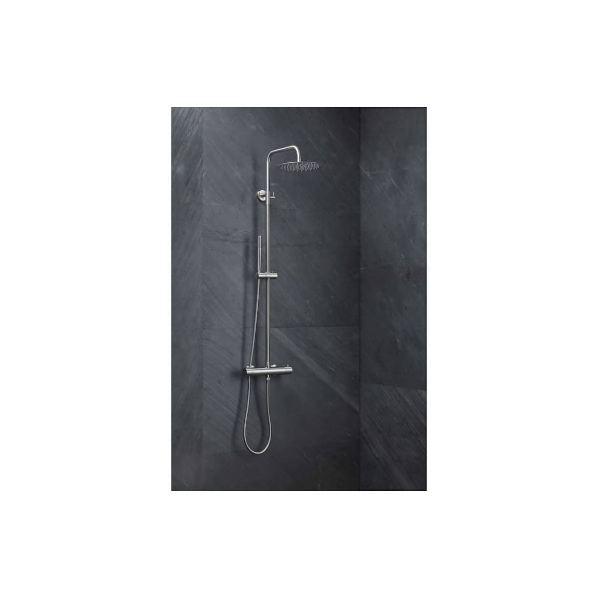 Sleek modern shower head with adjustable hand-held spray on matte black bathroom wall, perfect for contemporary ensuite or family bathrooms.