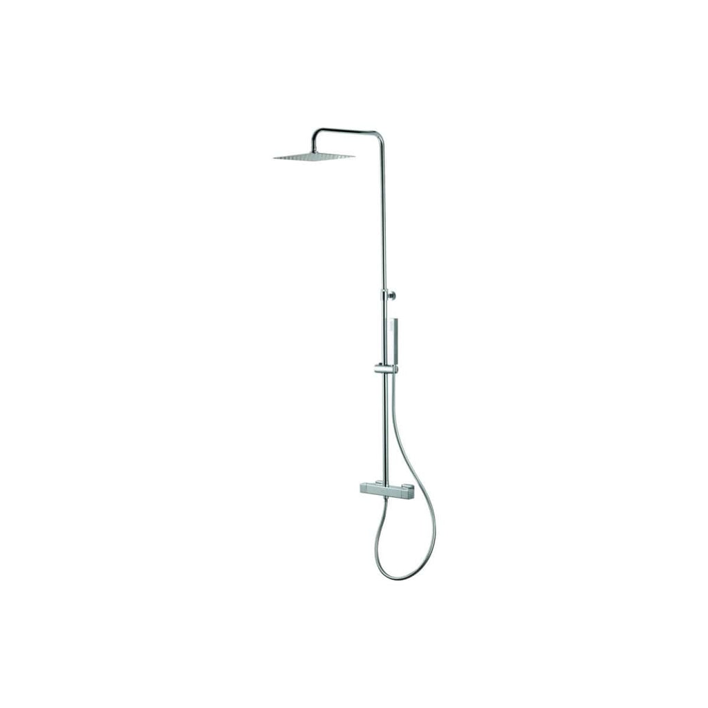 Sleek modern chrome shower head with adjustable height and handheld attachment for luxury bathroom upgrade.