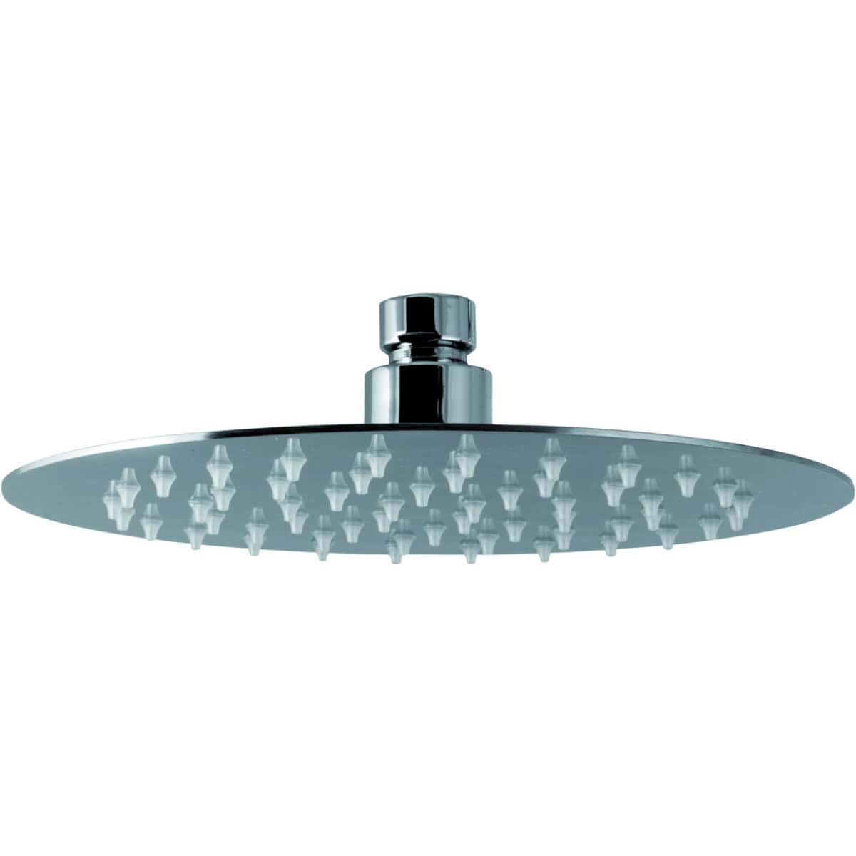 Polished chrome showerhead with multiple water jets, modern bathroom fixture for a luxurious shower experience. Perfect for contemporary bathroom upgrades and water-efficient shower systems.