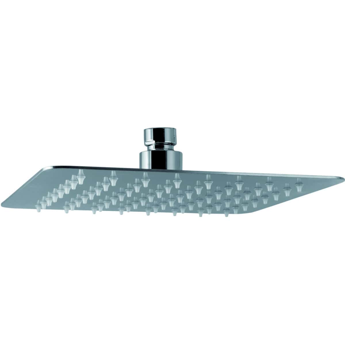 Sleek chrome rain shower head with adjustable spray nozzles for luxurious bathroom experience, ensuring even water distribution and modern bathroom upgrade.