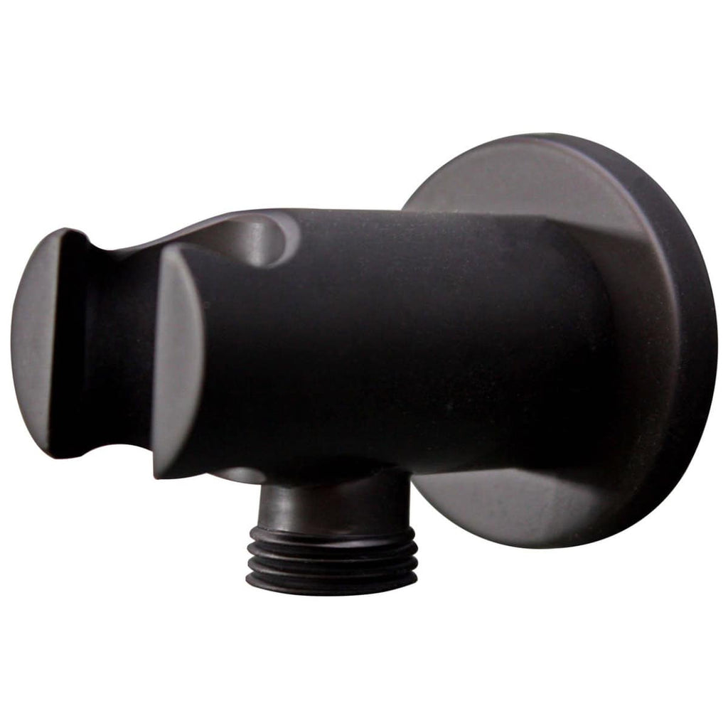 Durable black bathroom shower arm mount with threaded connection, ideal for secure fixture installation. Perfect for modern bathroom renovation or repair projects.