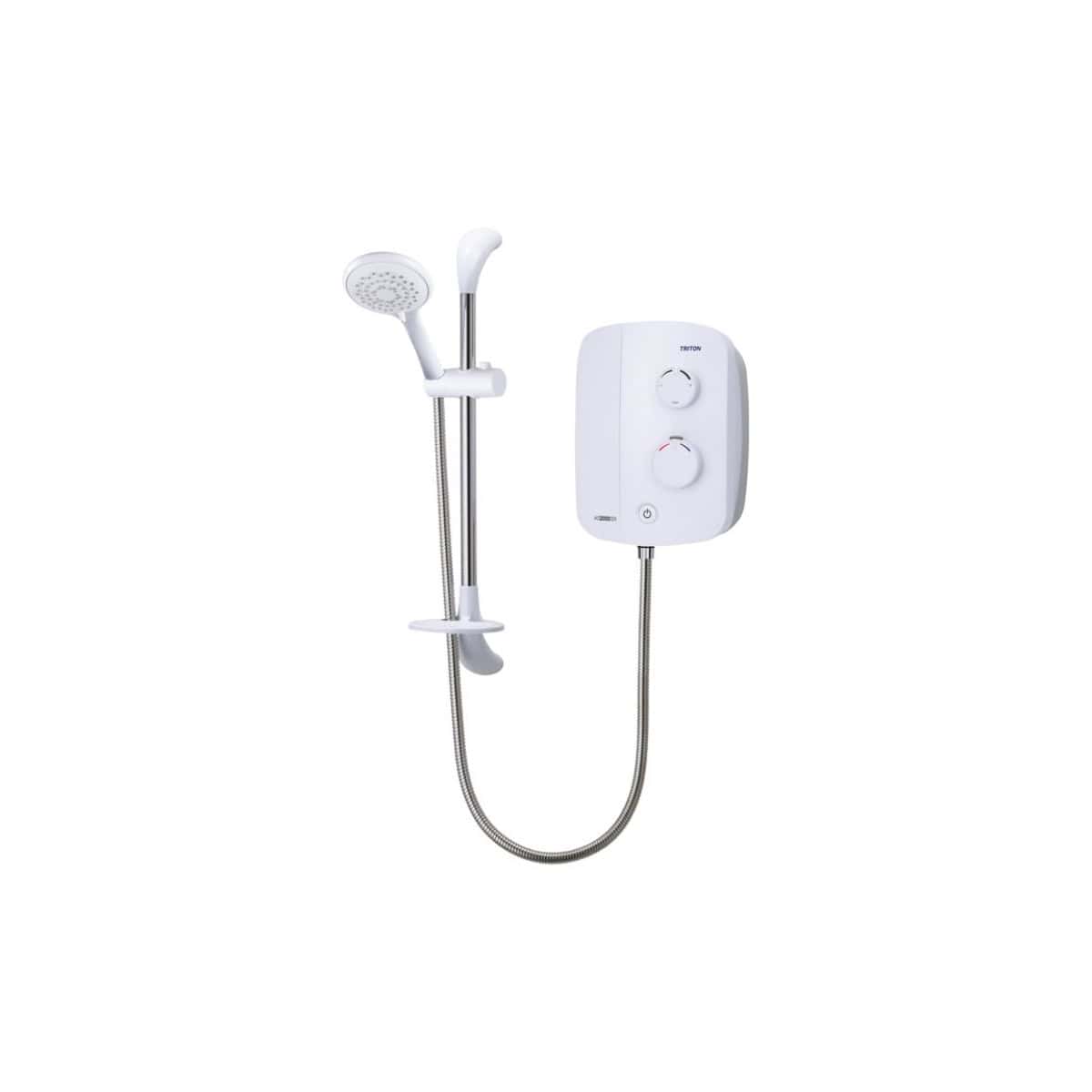 Flexible white electric shower unit with adjustable temperature control, suitable for modern bathrooms. Compact and easy to install, providing powerful hot water for your bathroom needs.