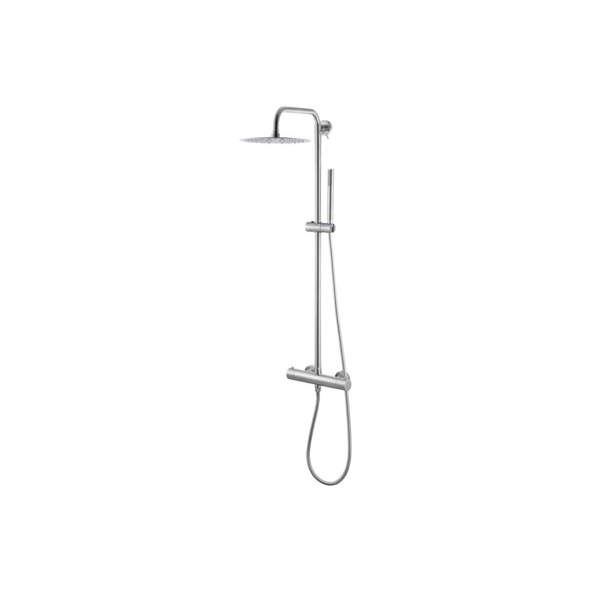 Chrome shower panel with overhead rain shower and hand-held sprayer for modern bathroom design.