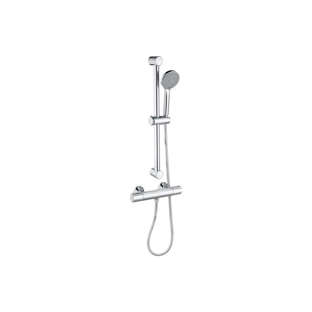 Sleek chrome shower rail and handheld shower head set, ideal for modern bathrooms, offering flexible water flow and easy installation for a comfortable shower experience.